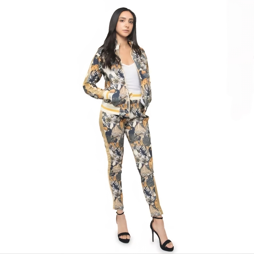 NWOT Victorious Womens Floral Tiger Print Tracksuit 2 Piece Set Size XXL Pockets